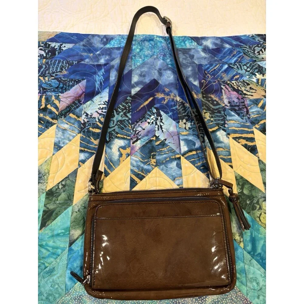 BRIGHTON Patent Leather Purse Olive Green Shoulder Bag Wallet Hobo Retro - Picture 7 of 16